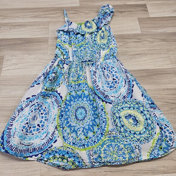 THE CHILDREN'S PLACE Girls Blue Mosaic Ruffle Fit And Flare Dress Size 7/8 - Picture 3 of 5